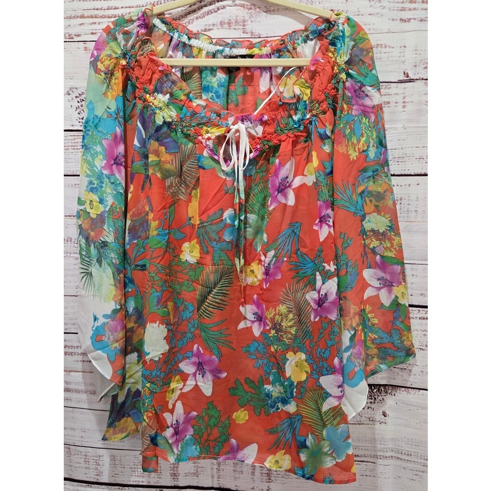 Floral Tropical Print Blouse Women 1X Chiffon Sleeve Orange Purple‎ Green Boho